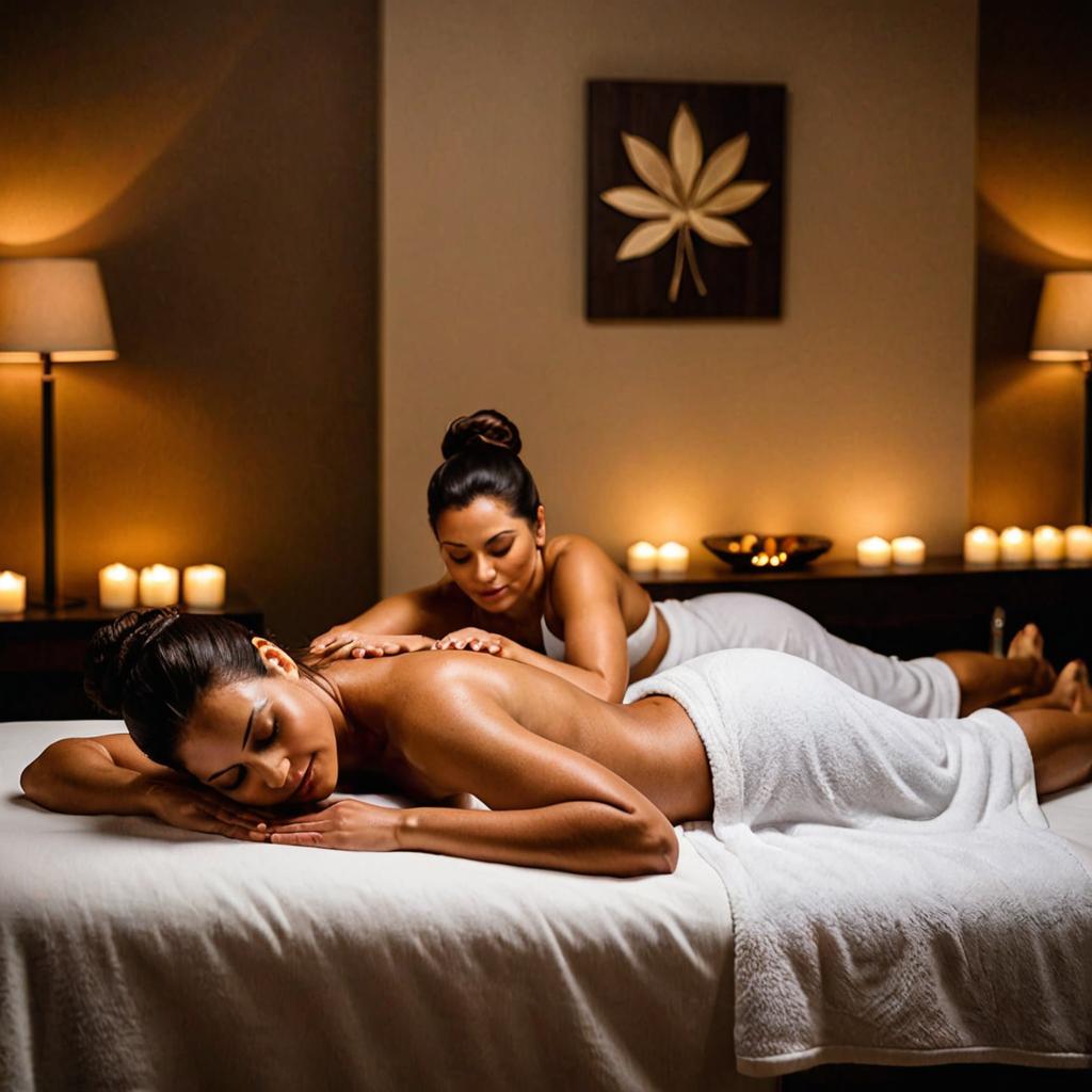 In this peaceful image at the Fairbanks Spa Wellness Resort, a blissful couple receives a synchronous massage, surrounded by calming aromas and gentle lighting, embodying the therapeutic benefits of self-care and relaxation.