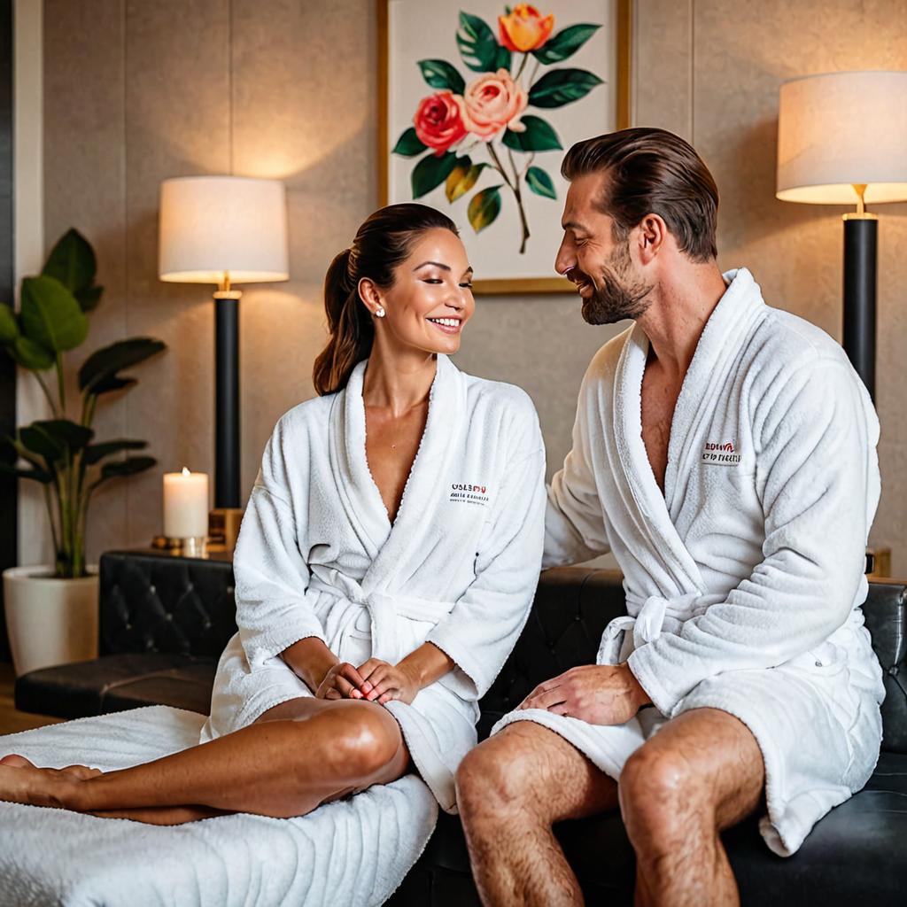 A serene couple, clad in white bathrobes, unwind at Beauty Skin Institute in Haagen, sipping champagne and nibbling fruits while basking in the tranquil ambiance created by their completed spa treatments and a scenic painting.