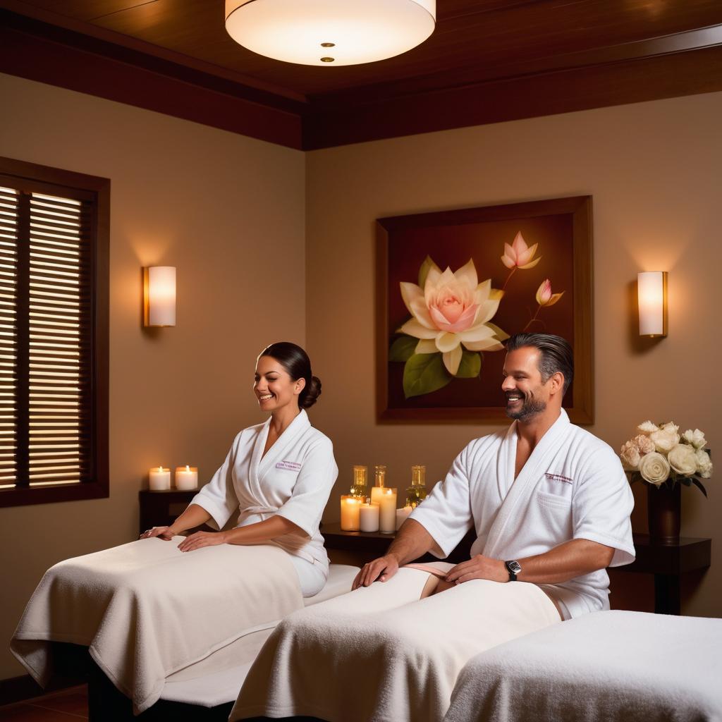 In this tranquil Corona spa scene, two individuals unwind on a heated bed post-massage and ultra sound therapy, savoring a cup of tea; their faces radiant with pleasure amidst artful decor, calming music, and fragrant candles, while doctor Julia Gay's recommended treatments - hydrotherapy, pedicure, microdermabrasion diamond face - promise balance and renewal.