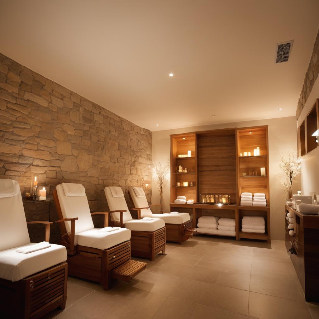 Naomi Rodriguez is depicted in a still image at Bielefeld's spa, enjoying a pedicure while other clients engage in body exfoliation, hydrotherapy, and relaxation with aromatherapy candles, soothing music, and a calm atmosphere.