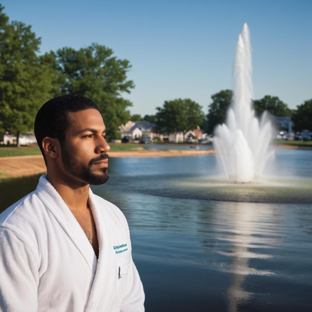 A man escapes urban chaos in Manassas Park for a calming marine ritual treatment at a spa, amidst the backdrop of the city's polluted environment.