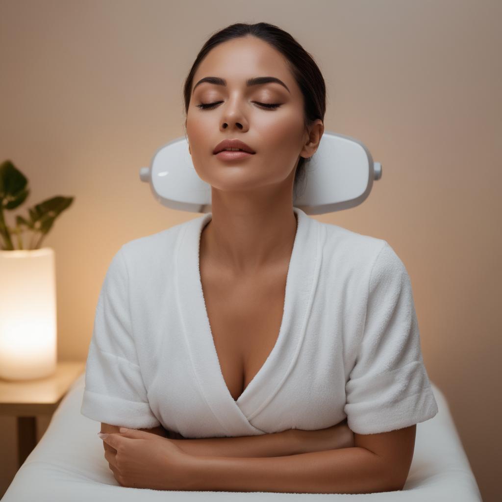 A woman enjoys a rejuvenating hydra treatment at Luxury Nails & Spa in New Haven, Connecticut, surrounded by calming lighting and music, while a therapist applies a hydrogel mask for stress relief and serotonin release.