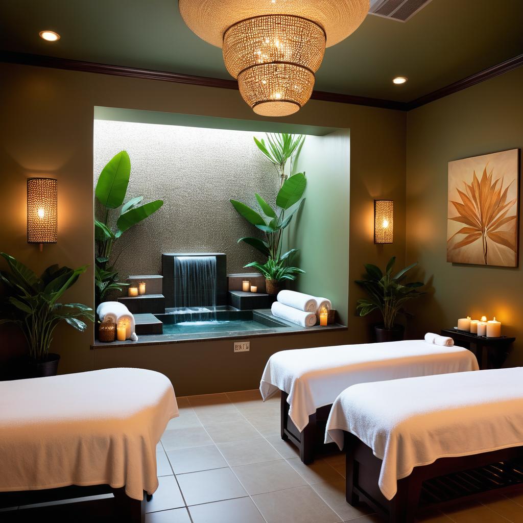 In this still image at Moarra Spa in Broomfield, Colorado, two clients sit peacefully on massage chairs with eye masks, as a therapist soothes their backs with aromatic oils amidst lush greenery, soft music, and the calming scent of essential oils and gentle sound of water.