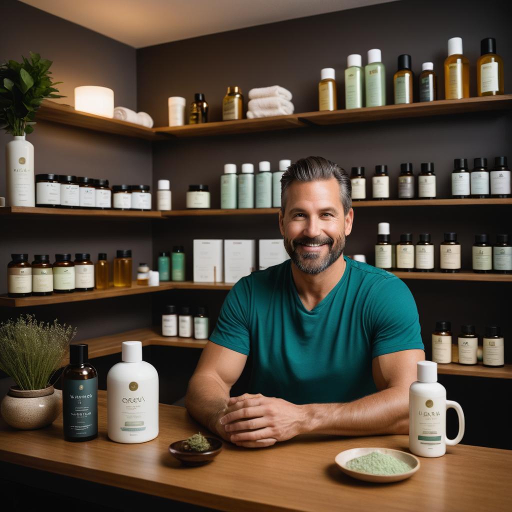 A man in his late 30s/early 40s, seated at Aurora Hair Studio in Wasilla, Alaskan spa, enjoys herbal tea with shelves of skincare & wall treatments visible; the ambiance relaxes with dim lighting, soft music, and essential oils aromas, signifying men's self-care balance amidst work & family.