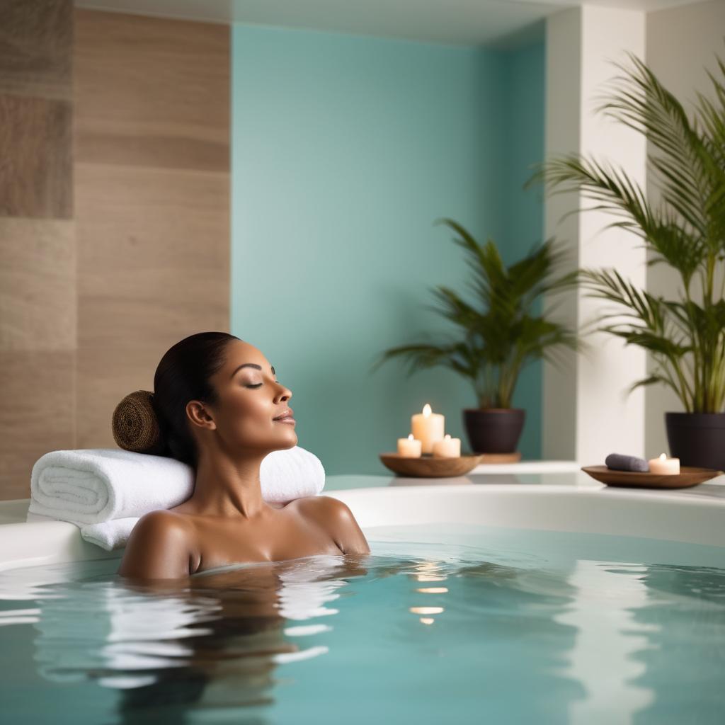 At Wirral's wellness center, a woman named Melody enjoys hydrotherapy, surrounded by soothing water sounds and instrumental music, with available services listed nearby for beauty hydration, aromatherapy, skin exfoliation, and more, all creating an inviting atmosphere for deep relaxation.