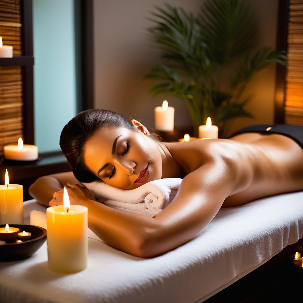 A woman relaxes on a massage bed in an Edmonton spa, surrounded by candles, soft music, calming scents, and a treatment schedule, signifying the pursuit of tranquility and self-care.