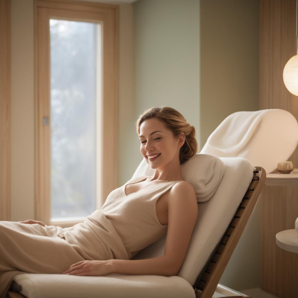 In this tranquil spa scene at Citron Vert in Angers, a woman relishes an invigorating massage with ultrasound, radiating joy amidst calming music, warm light, and soothing steam, as the radiant treatment promises rejuvenation and balance.