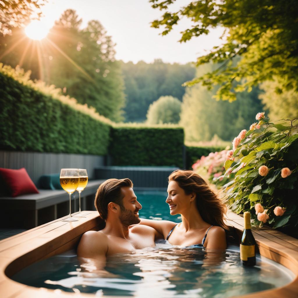 In this serene image at Solebad Wischlingen spa in Dortmund, a loving couple unwinds in an outdoor hot tub under the sunset, surrounded by greenery, sipping local drinks, immersed in the tranquil atmosphere, symbolizing Dortmund's commitment to relaxation and well-being.