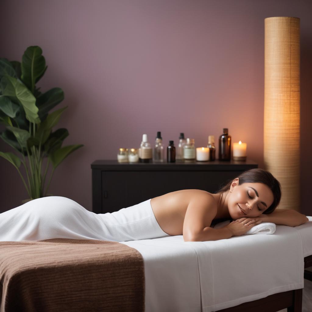 In this tranquil spa near Windsor, a woman indulges in a rejuvenating full body massage with essential oils while calming music plays, dim lights bathe the room, and lavender scent permeates the air; outside, guests lounge comfortably sipping tea or water.