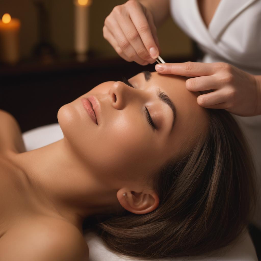 A guest receives ear candling therapy at Mercure Shrewsburry Albrighton Hall Hotel and Spa in Dudley UK, reclining on a massage table with calming music and lighting while a therapist performs the treatment using a lit beeswax candle.
