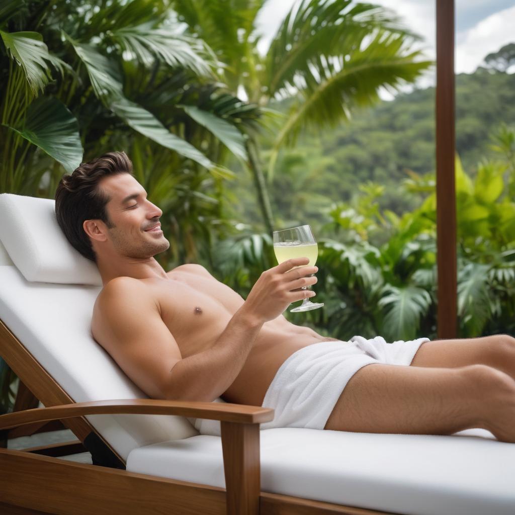 A U.S. investor relaxes at O Boticario beauty spa in Brazil, sipping a drink amidst lush greenery and blue skies, expressing satisfaction and contentment.