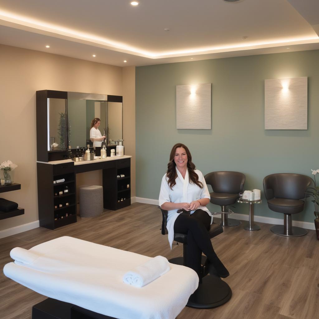 At Papilio Spa & Wellness Salon in Armagh, a woman receives a pedicure surrounded by tranquility; dimmed lighting, aromatherapy sign, and nearby relaxed women, with a soothing water fountain view.