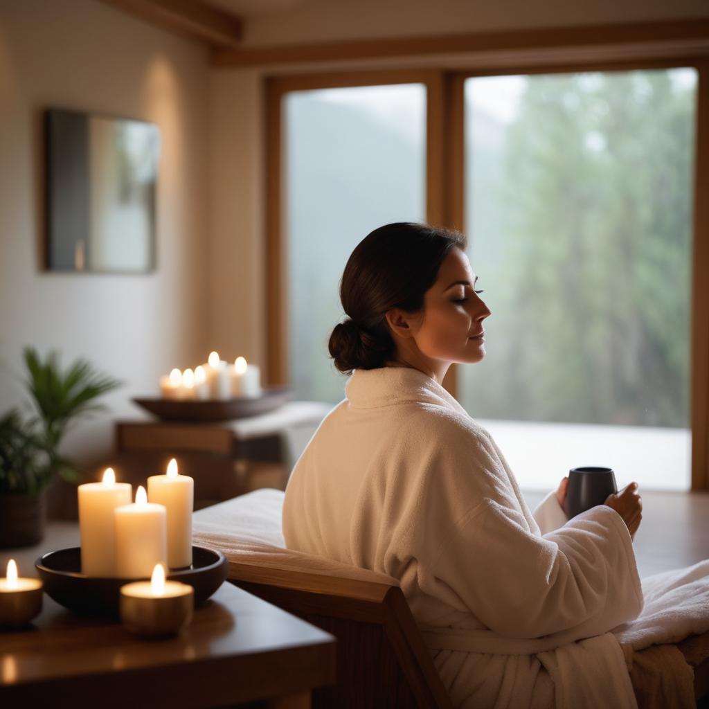 At Carlisle's spa and wellness retreat, a woman finds solace amidst work-life balance pressures, immersed in calming aromas, soothing music, and warm hydrotherapy while sipping tea.