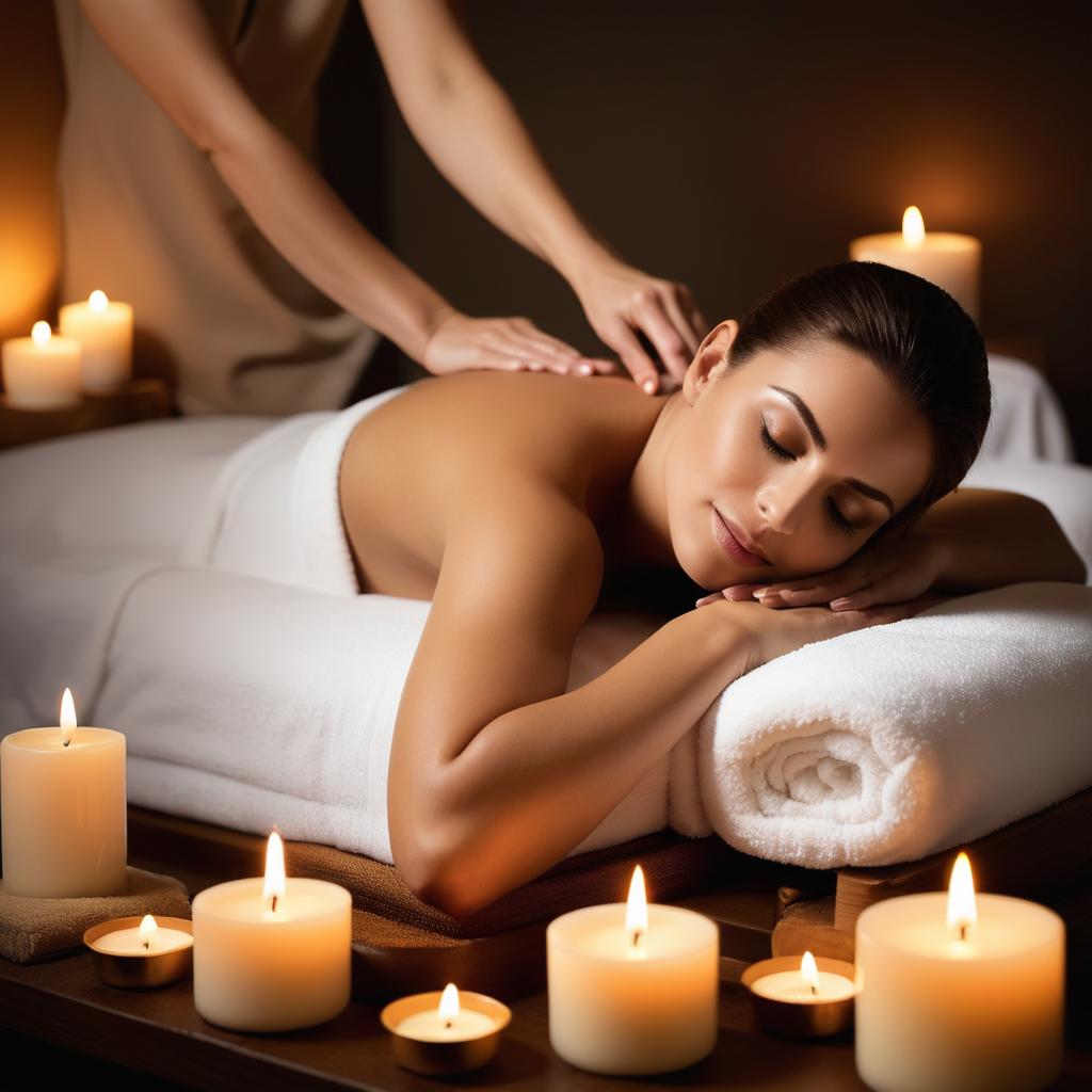 A woman lies back on a massage table in a tranquil Nancy spa, surrounded by lit candles, as a therapist works her shoulders; other patrons receive facials and body scrubs nearby, emphasizing individualized relaxation and rejuvenation.