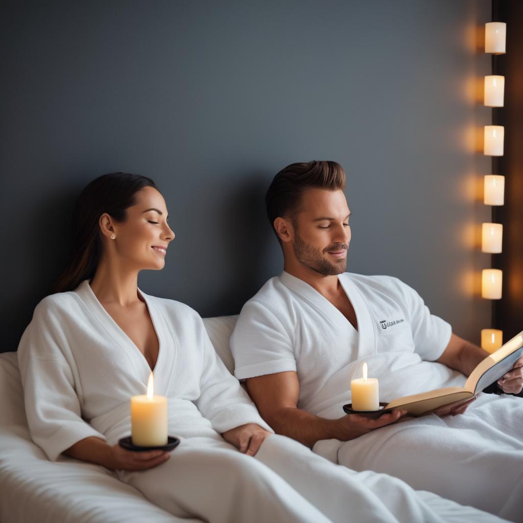 A serene spa scene featuring a content couple in white sheets, surrounded by candles and soothing music, exchanging relaxation moments while the woman closes her eyes and the man reads, under the logo of 