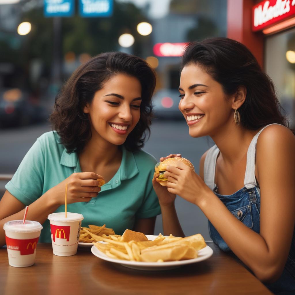 In the cozy glow of McDonald's, Sophia and her friend share a heartfelt conversation, their smiles reflecting the joy of rekindled friendship and the nostalgic warmth of cherished memories.