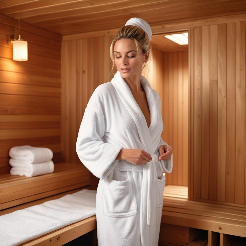 A woman emerges from a wooden-paneled sauna room, dressed in a robe, with steam escaping and an iced drink in hand; the scene conveys a relaxing spa atmosphere emphasizing hygiene and luxury.